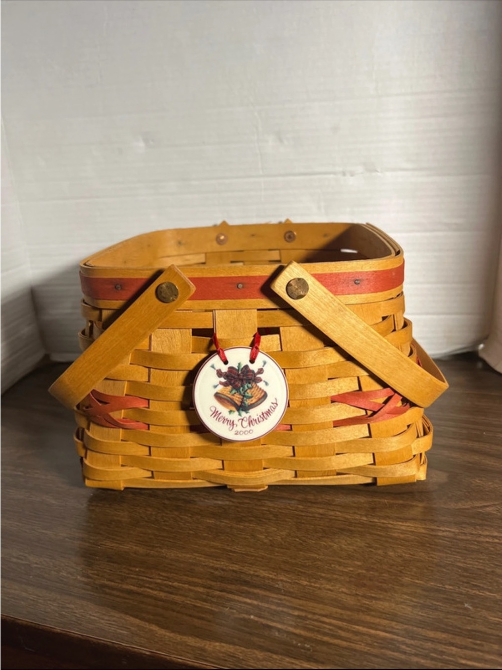 Longaberger Handwoven Wooden Basket with Merry Christmas Ornament